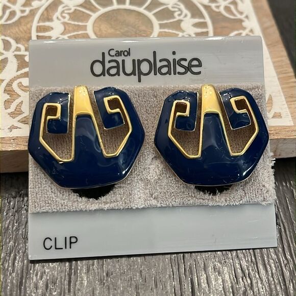 Carol Dauplaise NWT Geometric Clip-On Earrings - Navy Blue Gold - Bold Modern - Picture 2 of 5
